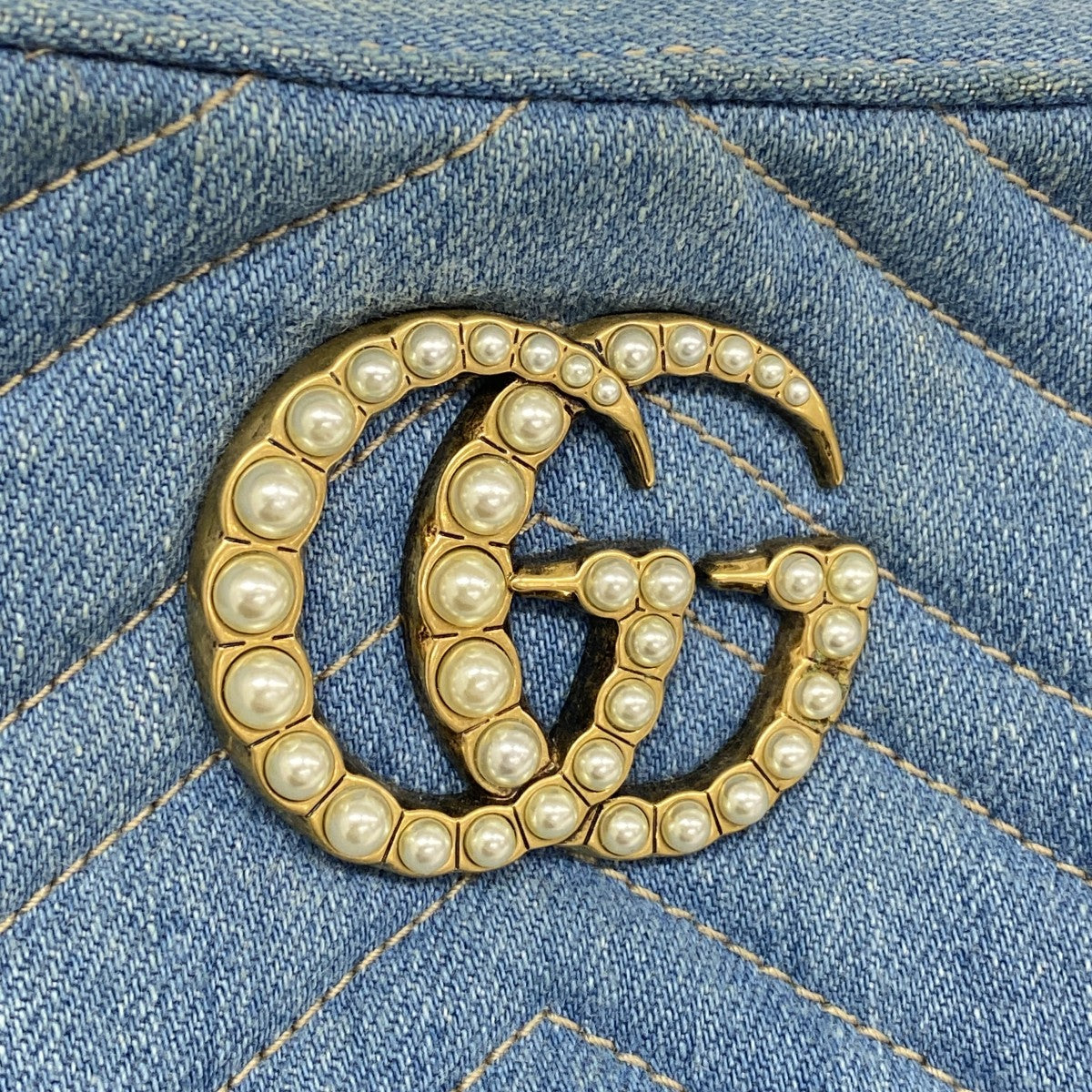 【6ga0608-k】グッチ ショルダーバッグ GGマーモント 447632 デニム ブルー ゴールド金具【中古】レディース