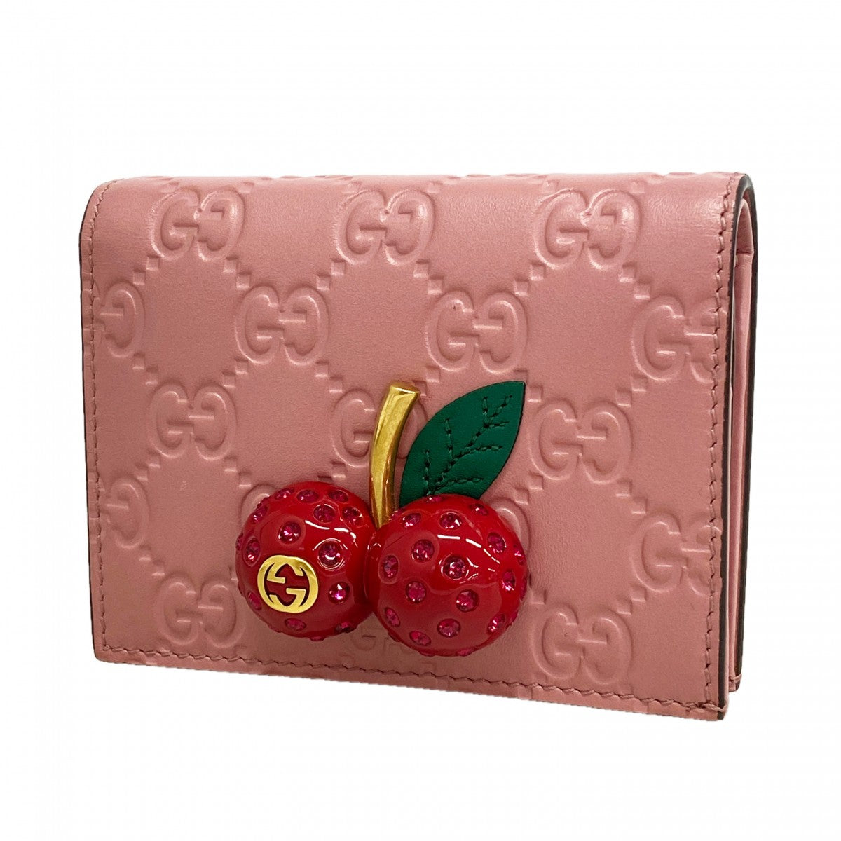 【6ga0615-k】グッチ 財布 グッチシマ チェリー 476050 レザー ピンク ゴールド金具【中古】レディース