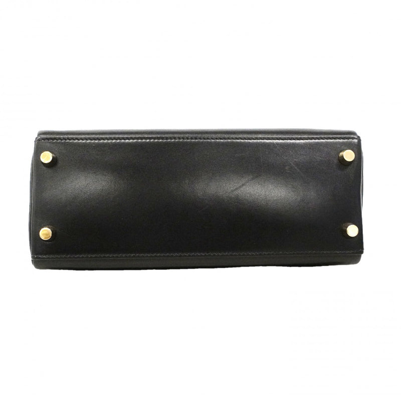 【6ga0784】エルメス ハンドバッグ ケリー25 ボックスカーフ ブラック ゴールド金具 □M刻印 2wayバッグ【中古】レディース