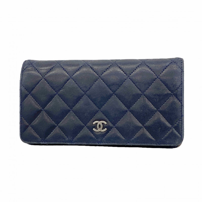 【6gb0844】シャネル 長財布 マトラッセ ラムスキン ネイビー シルバー金具【中古】レディース