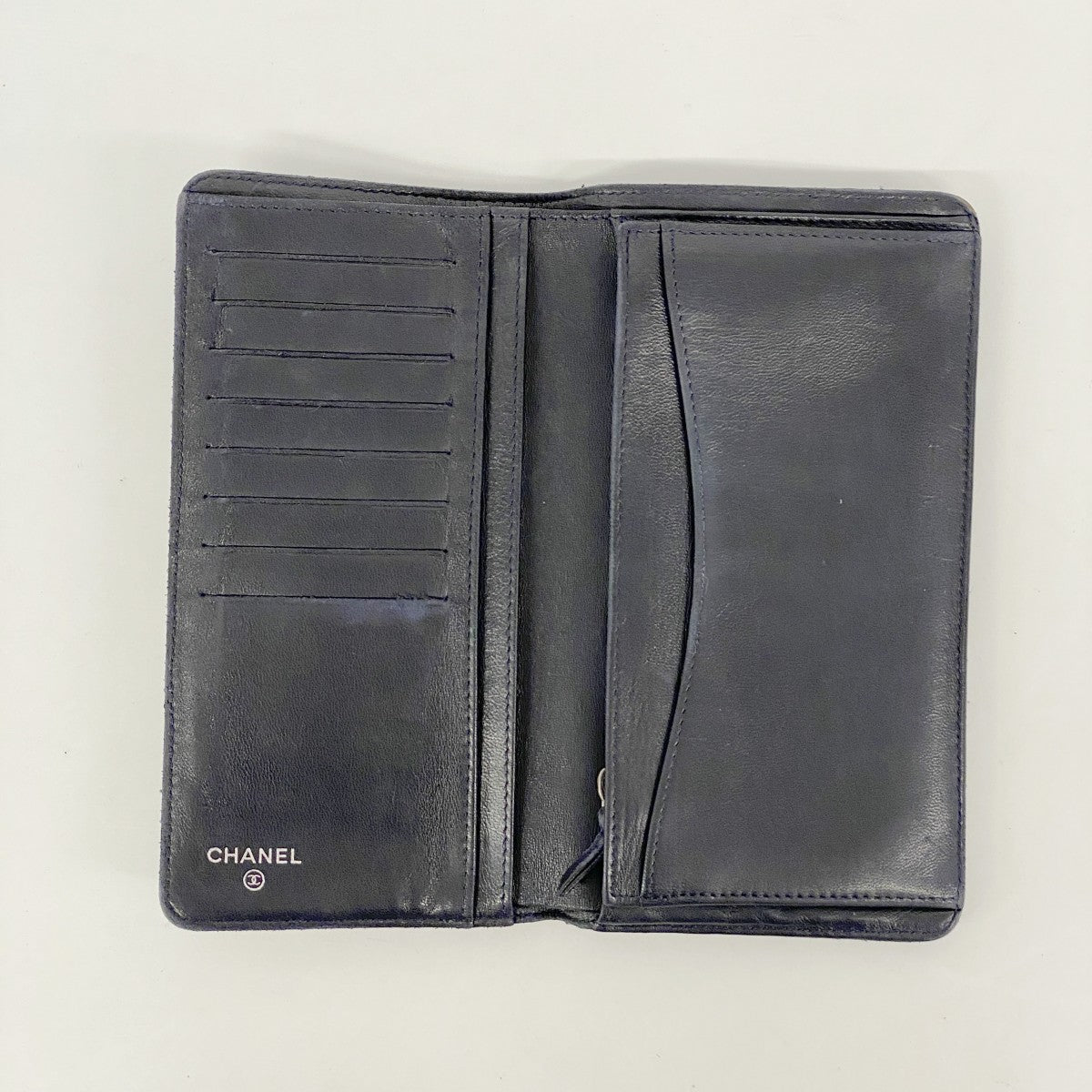 【6gb0844】シャネル 長財布 マトラッセ ラムスキン ネイビー シルバー金具【中古】レディース