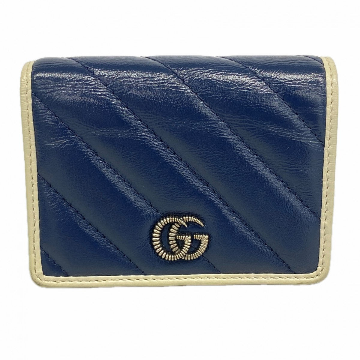 【6gb1256-k】グッチ 財布 GGマーモント 573811 レザー ネイビー ホワイト シルバー金具【中古】レディース