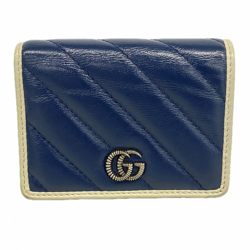 【6gb1256-k】グッチ 財布 GGマーモント 573811 レザー ネイビー ホワイト シルバー金具【中古】レディース
