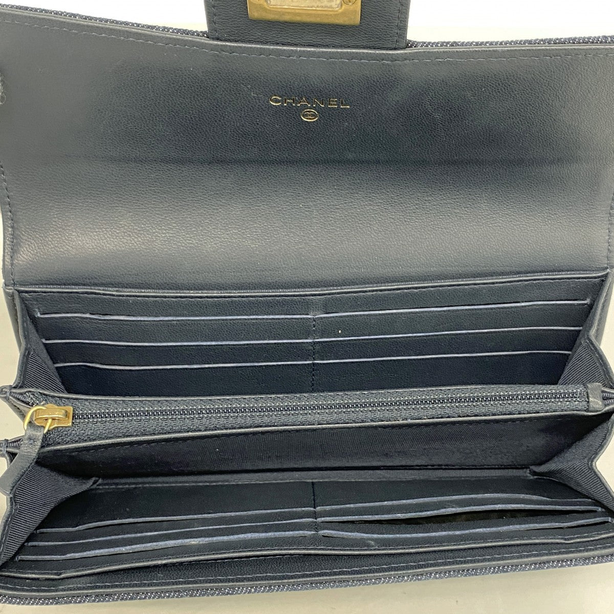 【6gb1658-k】シャネル 長財布 2.55/マトラッセ デニム ネイビー ゴールド金具【中古】レディース