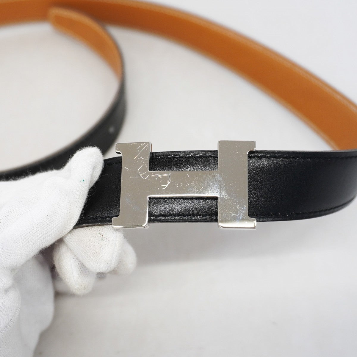 【6gb1935】エルメス ベルト コンスタンスベルト ボックスカーフ クシュベル ブラック ナチュラル シルバー金具 □D刻印【中古】レディース