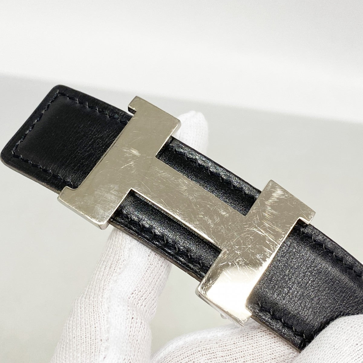 【6gb2257】エルメス ベルト コンスタンスベルト ボックスカーフ ブラック ブルーペール シルバー金具 □E刻印【中古】レディース
