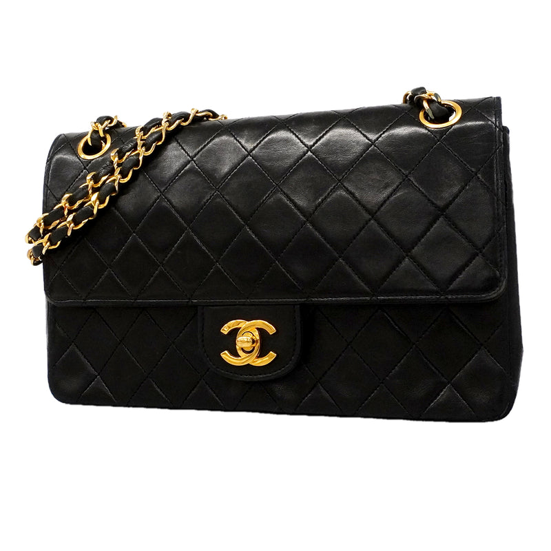 【6gc2398】シャネル ショルダーバッグ マトラッセ Wフラップ Wチェーン ラムスキン ブラック ゴールド金具【中古】レディース