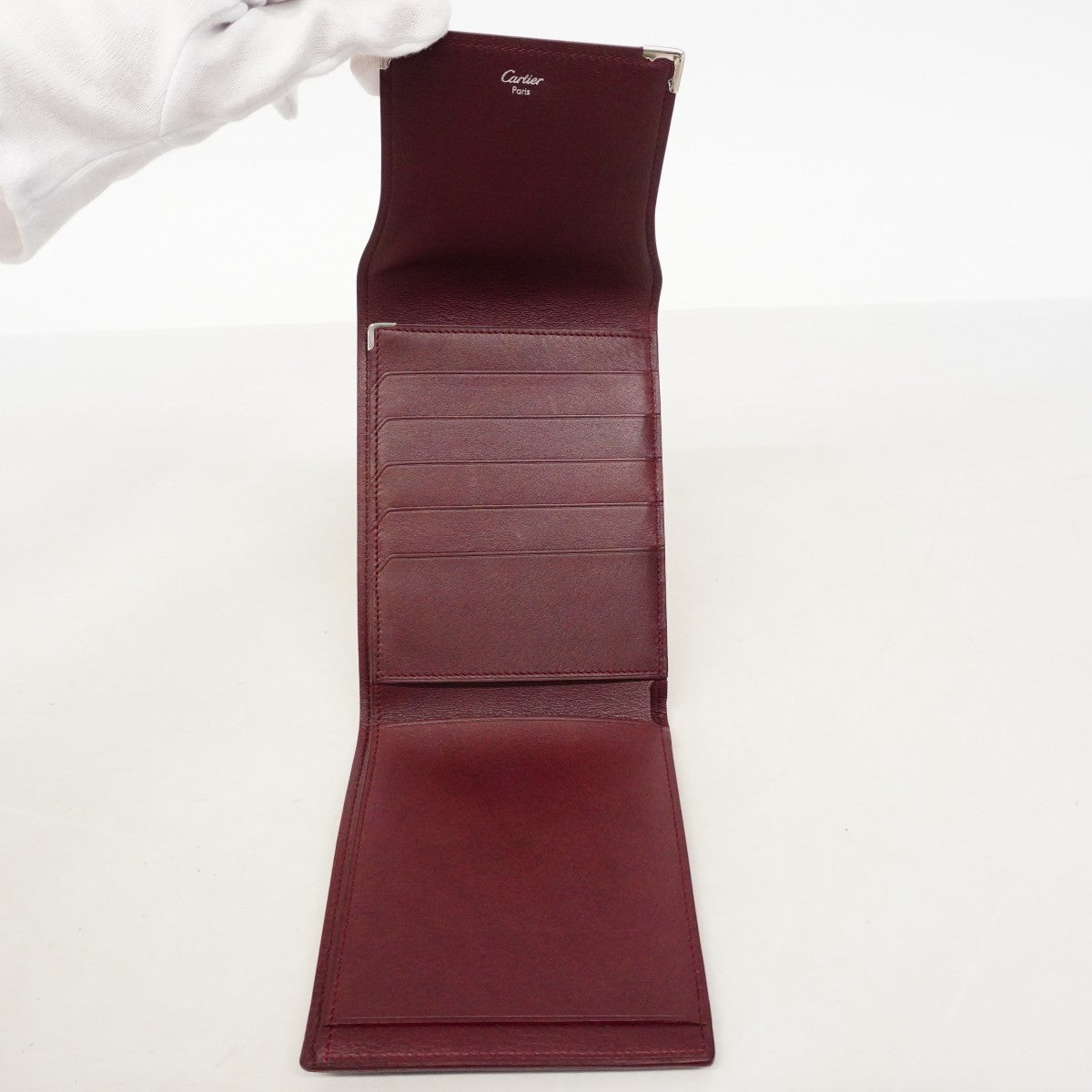 【6gc2805】カルティエ 三つ折り財布 マスト レザー ボルドー シルバー金具【中古】メンズ