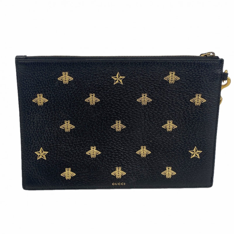 【6gc2811-k】グッチ クラッチバッグ ビー 495066 レザー ブラック ゴールド金具【中古】メンズ