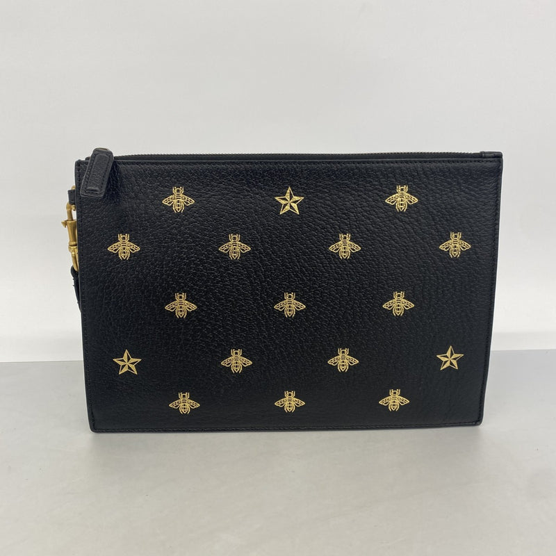 【6gc2811-k】グッチ クラッチバッグ ビー 495066 レザー ブラック ゴールド金具【中古】メンズ