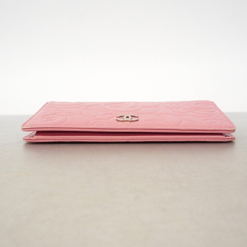【6gc2849-k】シャネル 長財布 カメリア ラムスキン ピンク シルバー金具【中古】レディース