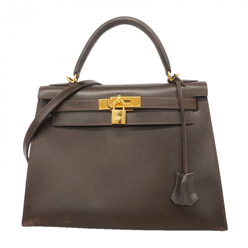【6gc2903】エルメス ハンドバッグ ケリー28 ボックスカーフ エベーヌ ゴールド金具 □D刻印 2wayバッグ【中古】レディース