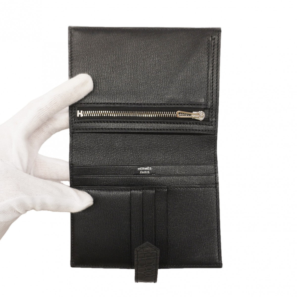 【6gc2905】エルメス 財布 ベアンコンパクト アリゲーターマット ブラック シルバー金具 K刻印【中古】メンズ レディース ユニセックス