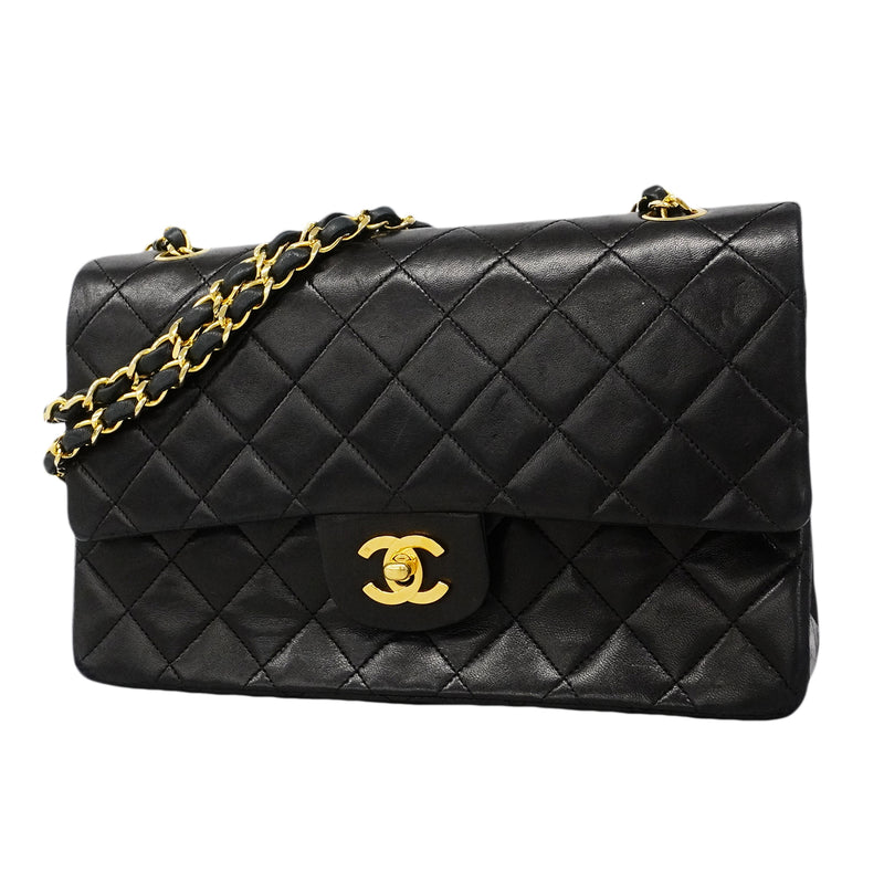 【6gc3187】シャネル ショルダーバッグ マトラッセ Wフラップ Wチェーン ラムスキン ブラック ゴールド金具【中古】レディース