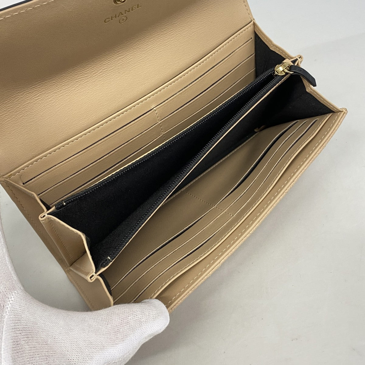 【6gc3247-k】シャネル 長財布 CCフィリグリー キャビアスキン ベージュ ゴールド金具【中古】レディース