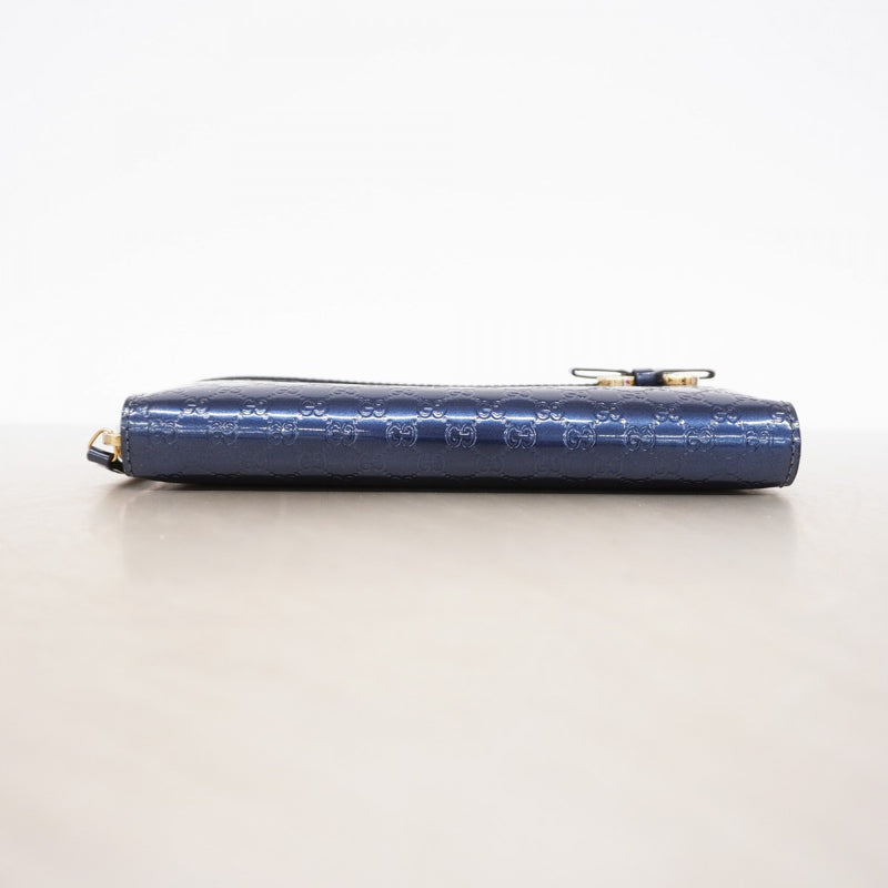 【6gc3261-k】グッチ 長財布 マイクログッチシマ 307997 エナメル ブルー シャンパンゴールド金具【中古】レディース