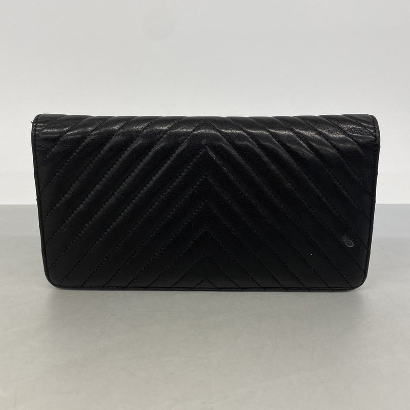 【6gc3294-k】シャネル 長財布 Vステッチ ラムスキン ブラック シルバー金具【中古】レディース