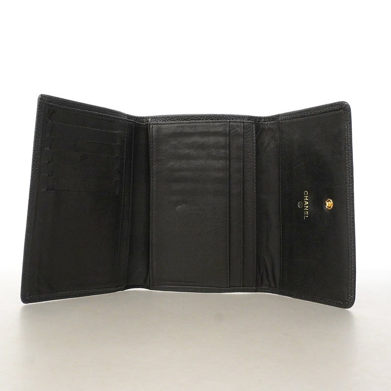 【6gc3320-k】シャネル 三つ折り財布 キャビアスキン ブラック ゴールド金具【中古】レディース