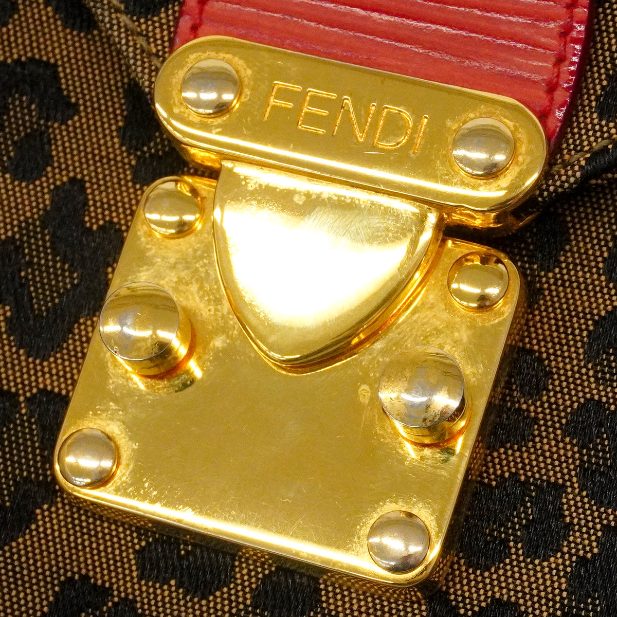 【6gc3351】フェンディ ショルダーバッグ レオパード ナイロンキャンバス ブラウン レッド ゴールド金具【中古】レディース