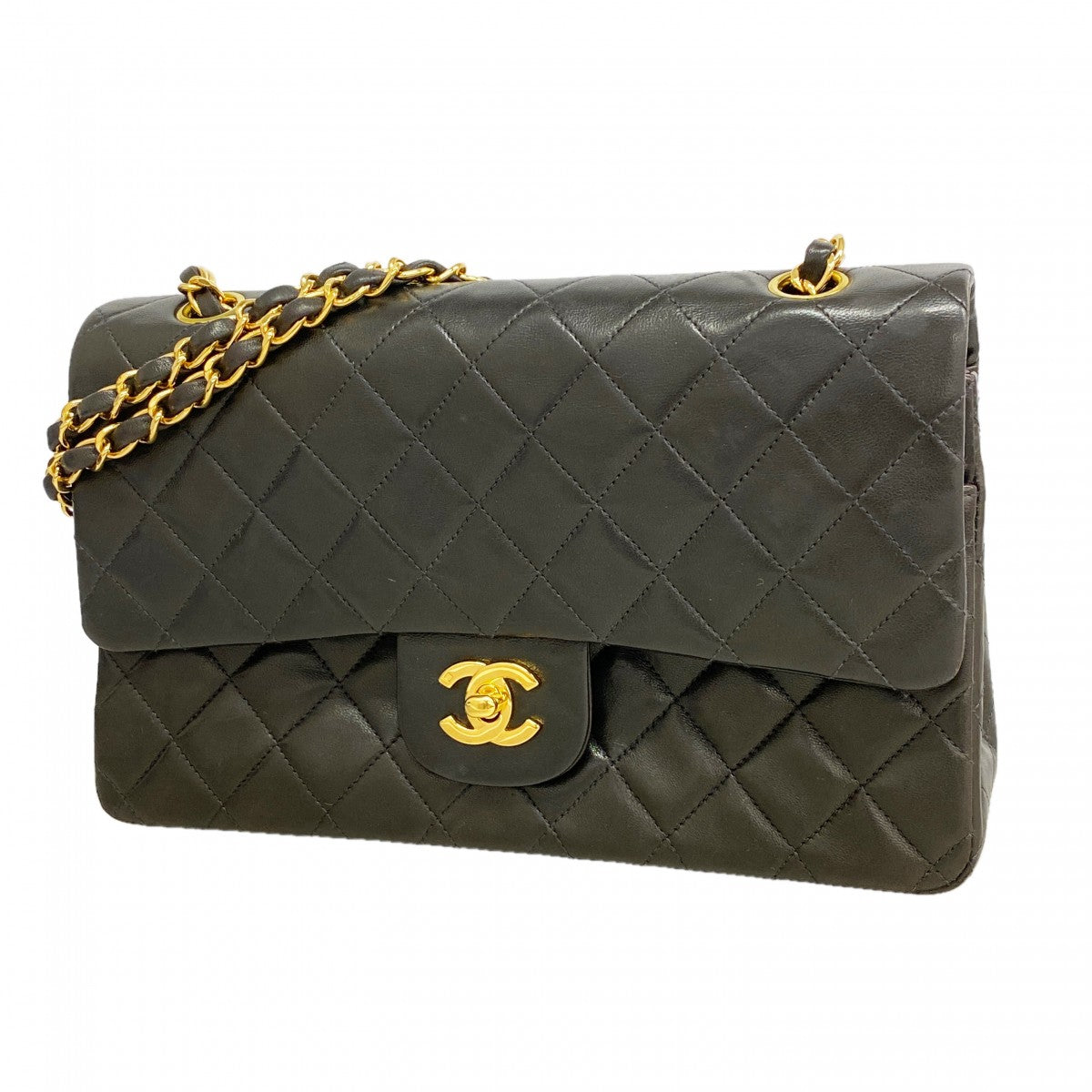 【6gc3356】シャネル ショルダーバッグ マトラッセ Wフラップ Wチェーン ラムスキン ブラック ゴールド金具【中古】レディース