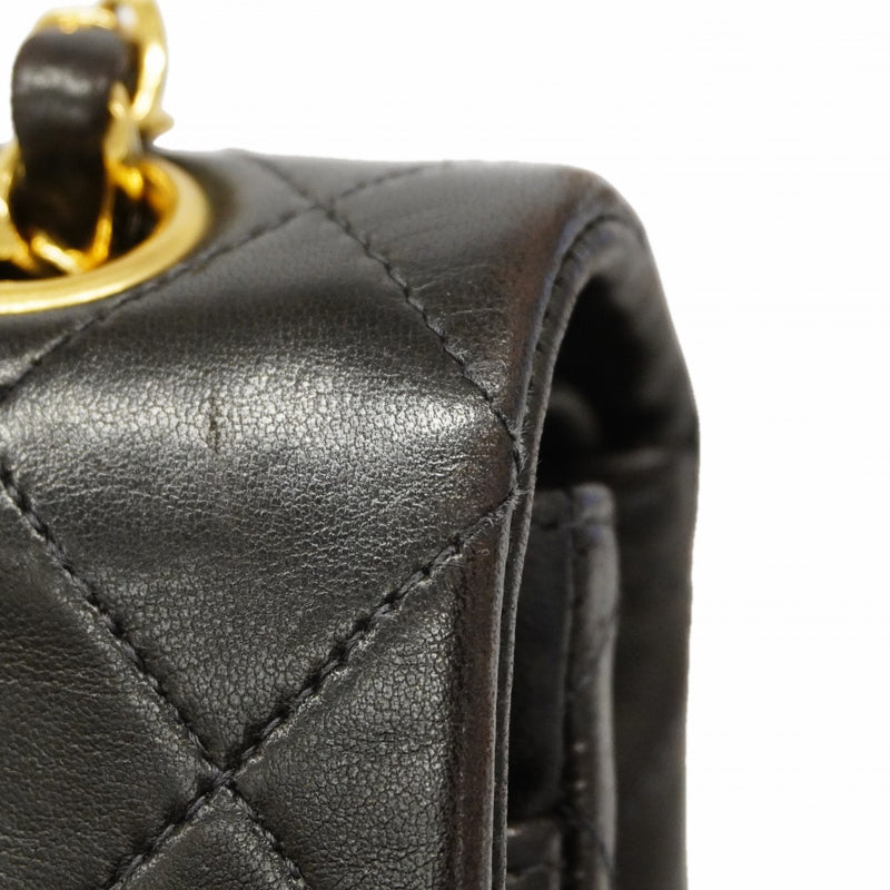 【6gc3609】シャネル ショルダーバッグ マトラッセ Wフラップ Wチェーン ラムスキン ブラック ゴールド金具【中古】レディース