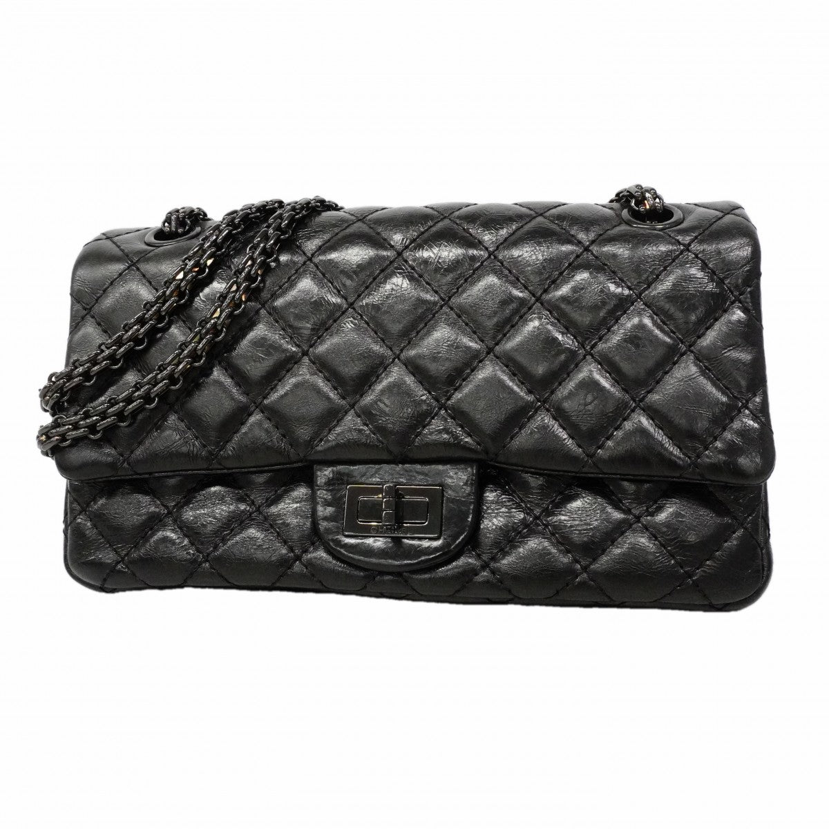 【6gc3610】シャネル ショルダーバッグ 2.55 Wチェーン カーフスキン ブラック シルバー金具【中古】レディース