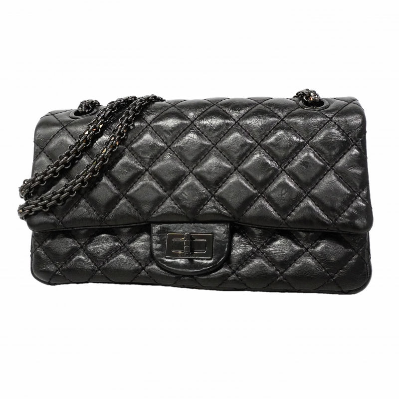 【6gc3610】シャネル ショルダーバッグ 2.55 Wチェーン カーフスキン ブラック シルバー金具【中古】レディース