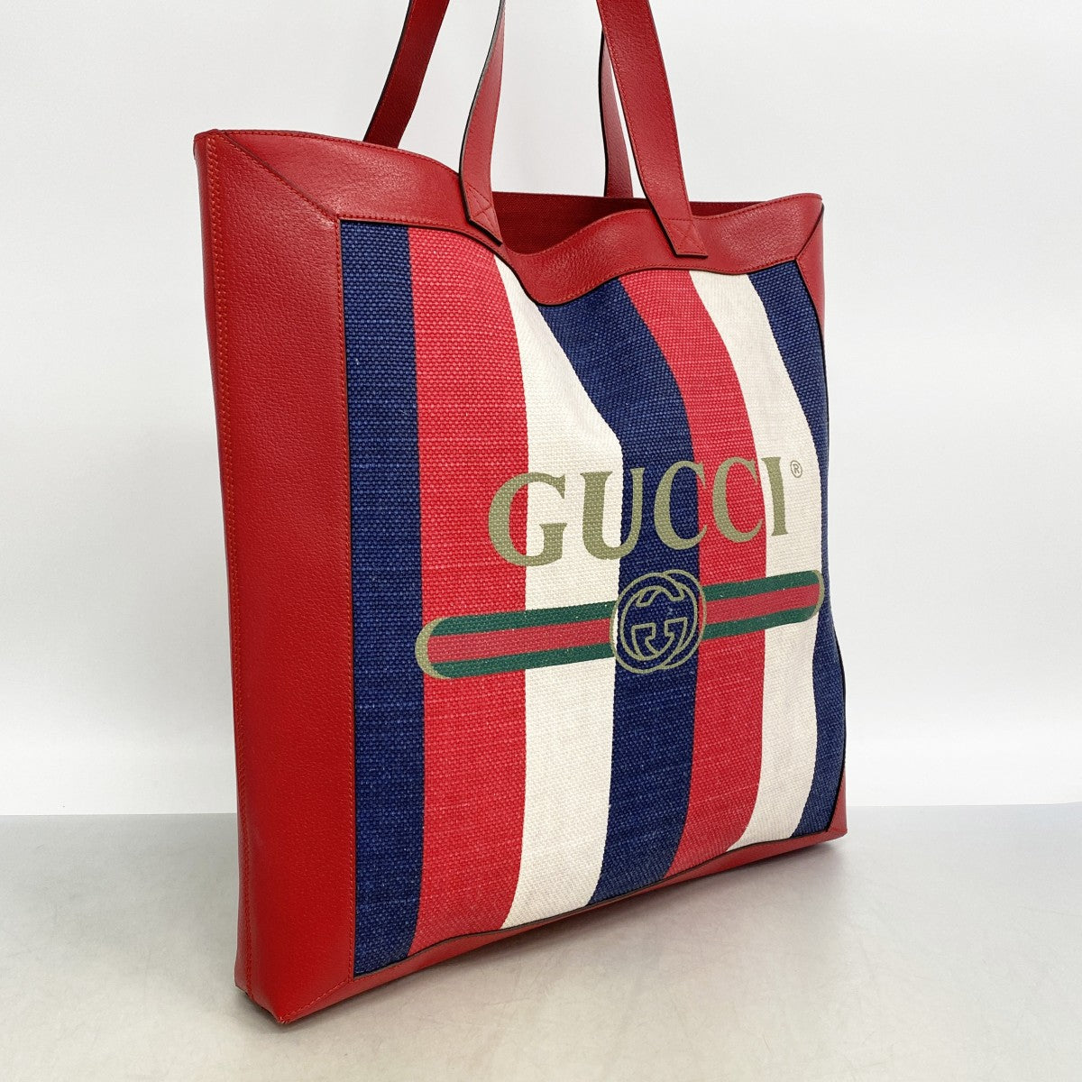 【6gc3658-k】グッチ トートバッグ 523781 キャンバス レザー レッド ネイビー べージュ ゴールド金具【中古】レディース