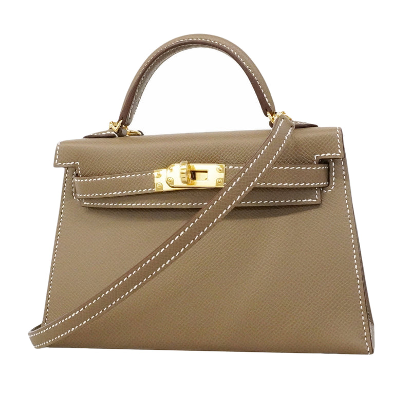 【6gd3791-g】エルメス ハンドバッグ ミニケリー2 ヴォーエプソン エトゥープ ゴールド金具 G刻印【中古】レディース