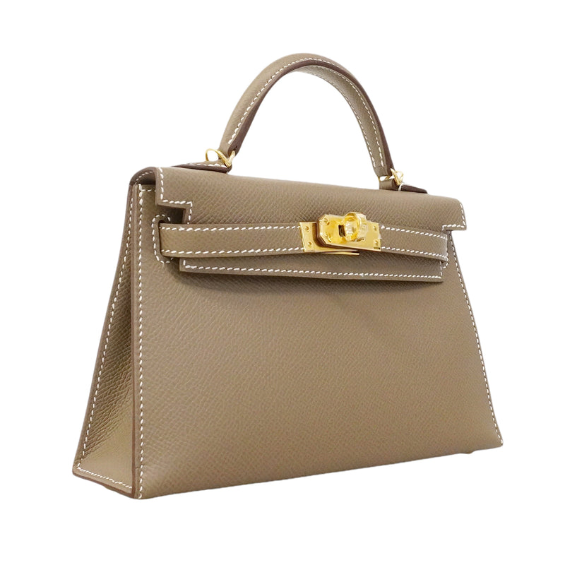【6gd3791-g】エルメス ハンドバッグ ミニケリー2 ヴォーエプソン エトゥープ ゴールド金具 G刻印【中古】レディース