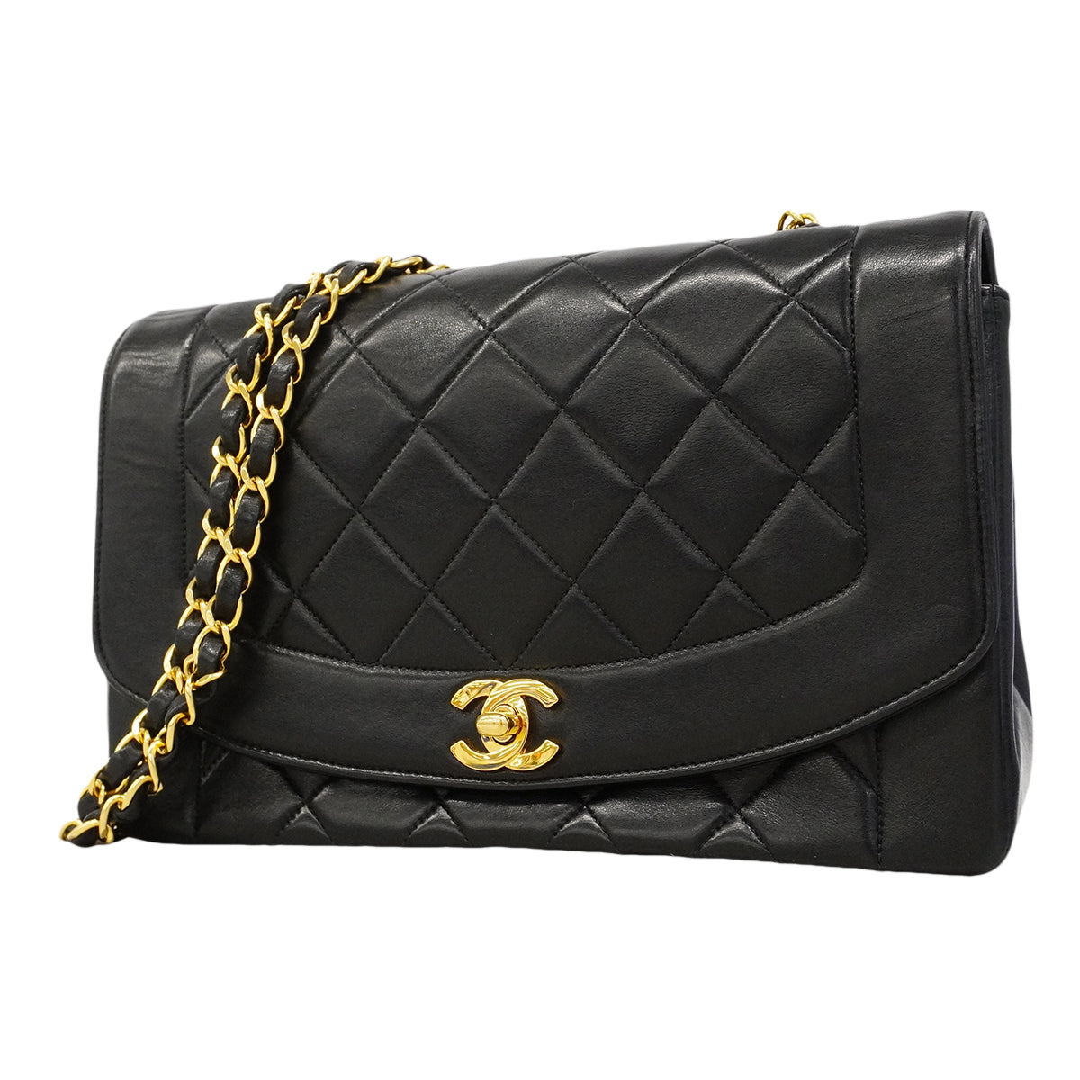 【6gd3794】シャネル ショルダーバッグ ダイアナ チェーンショルダー ラムスキン ブラック ゴールド金具【中古】レディース