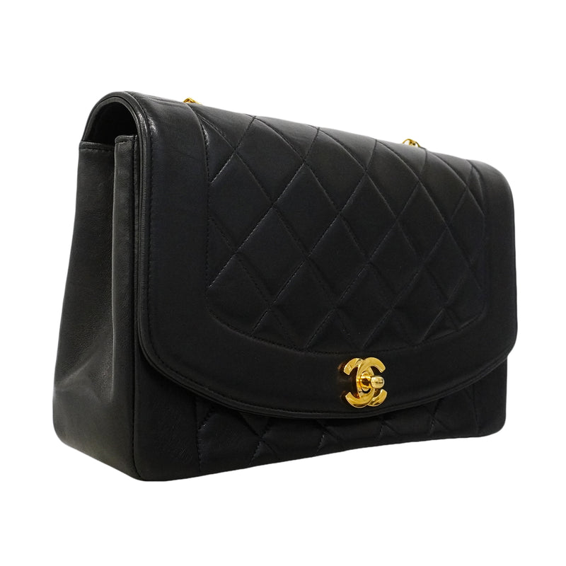 【6gd3794】シャネル ショルダーバッグ ダイアナ チェーンショルダー ラムスキン ブラック ゴールド金具【中古】レディース