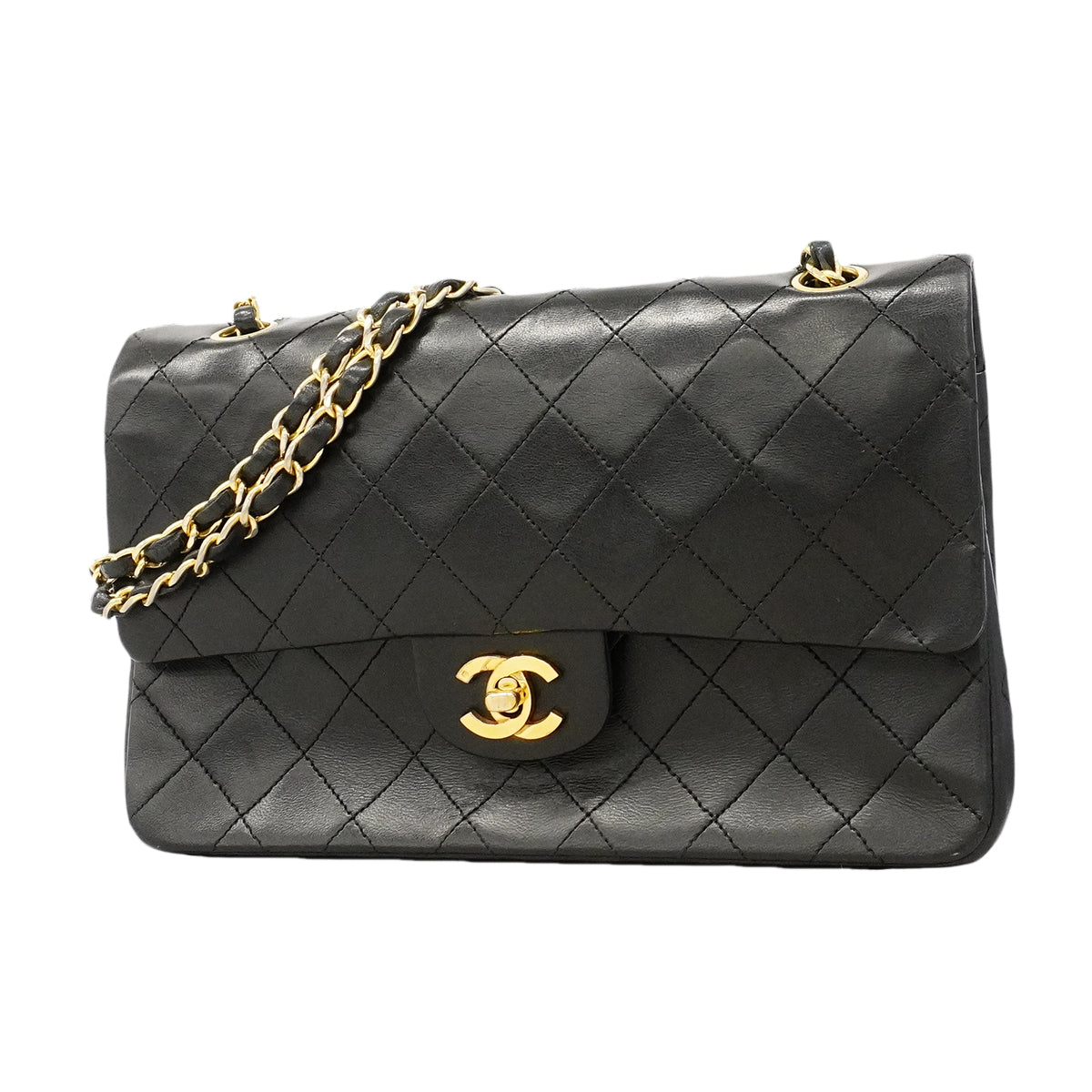 【6gd3798-h】シャネル ショルダーバッグ マトラッセ Wフラップ Wチェーン ラムスキン ブラック ゴールド金具【中古】レディース