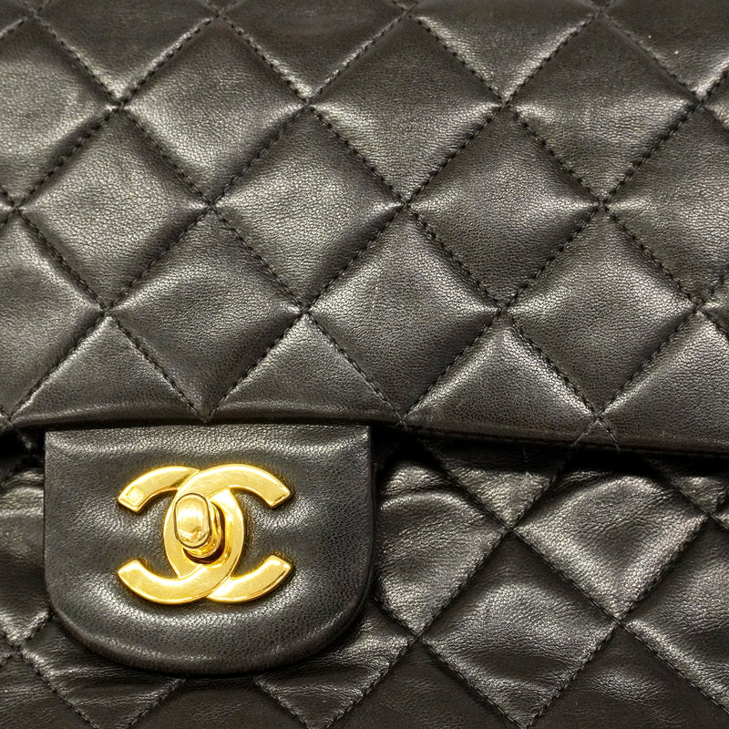 【6gd3803】シャネル ショルダーバッグ マトラッセ Wフラップ Wチェーン ラムスキン ブラック ゴールド金具【中古】レディース