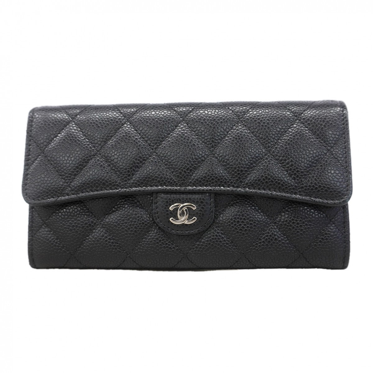 【6gd3845】シャネル 長財布 マトラッセ キャビアスキン ブラック シルバー金具【中古】レディース