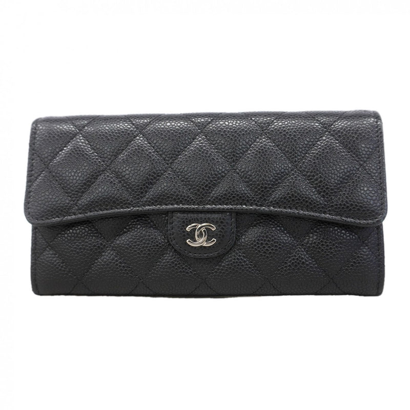 【6gd3845】シャネル 長財布 マトラッセ キャビアスキン ブラック シルバー金具【中古】レディース