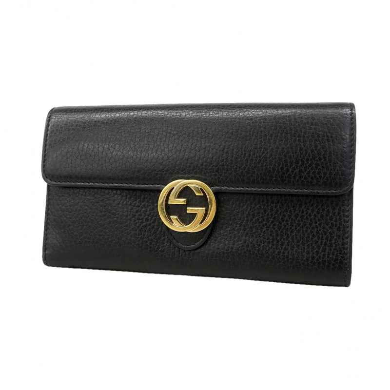 【6gd3855-k】グッチ 長財布 インターロッキングG 598166 レザー ブラック ゴールド金具【中古】レディース