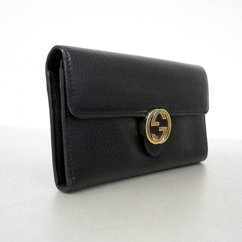 【6gd3855-k】グッチ 長財布 インターロッキングG 598166 レザー ブラック ゴールド金具【中古】レディース