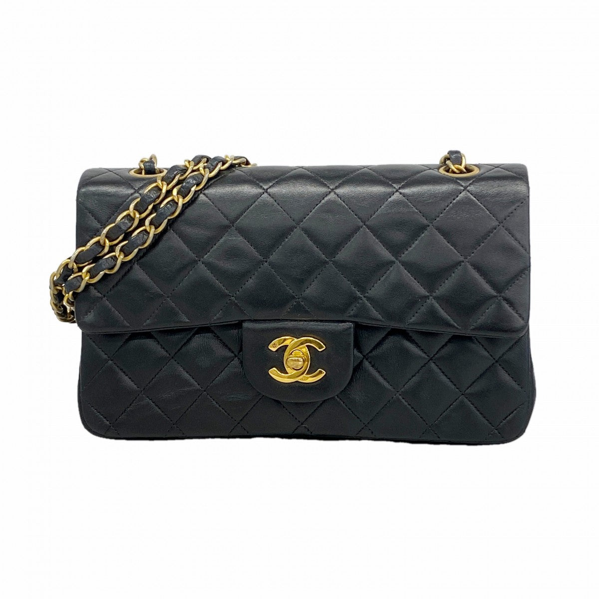 【6gd3883】シャネル ショルダーバッグ マトラッセ Wフラップ Wチェーン ラムスキン ブラック ゴールド金具【中古】レディース