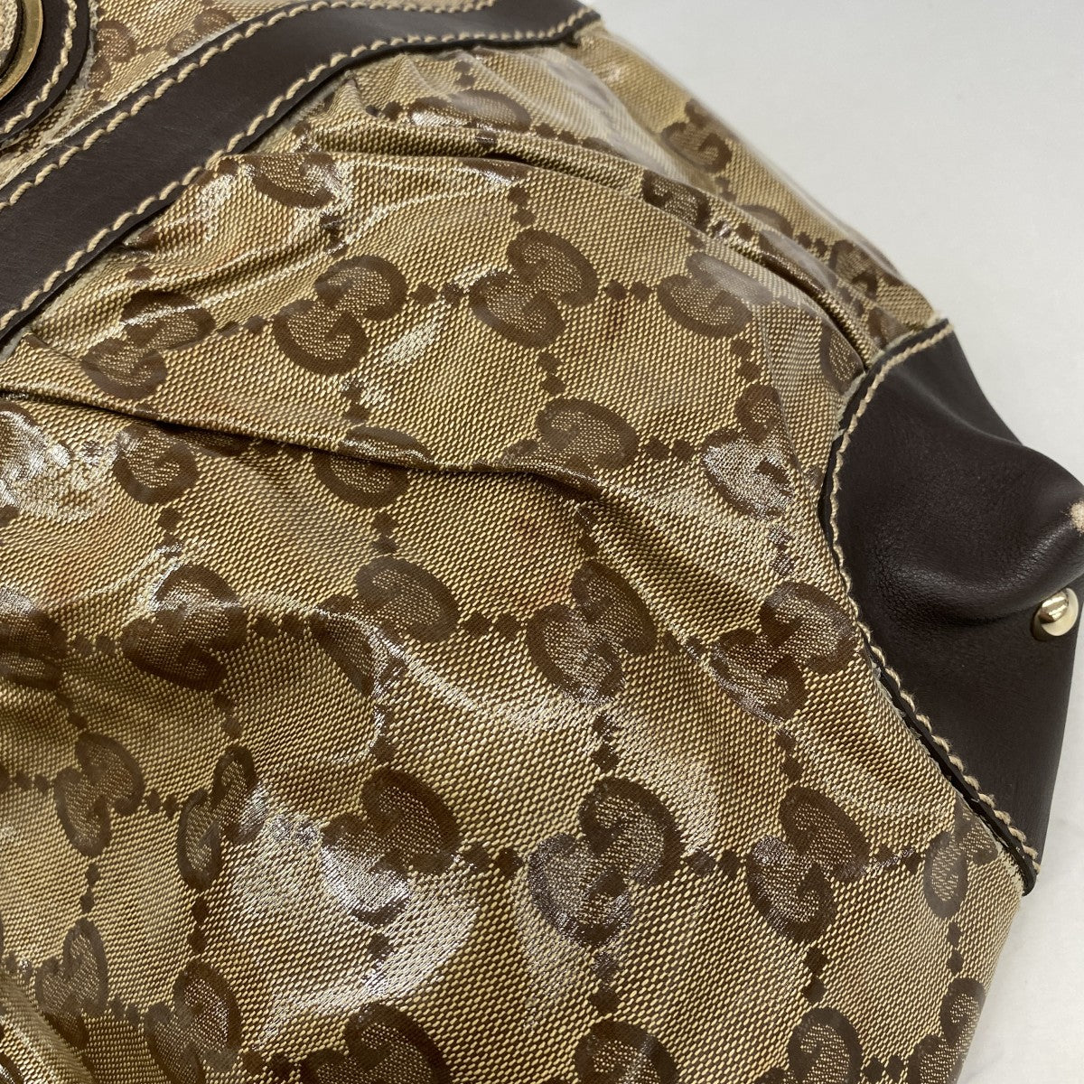 【6gd4177】グッチ トートバッグ GGクリスタル 223963 コーティングキャンバス ベージュ ブラウン シャンパンゴールド金具【中古】レディース