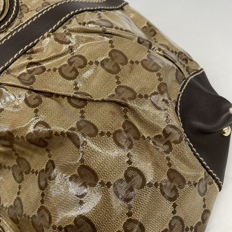 【6gd4177】グッチ トートバッグ GGクリスタル 223963 コーティングキャンバス ベージュ ブラウン シャンパンゴールド金具【中古】レディース