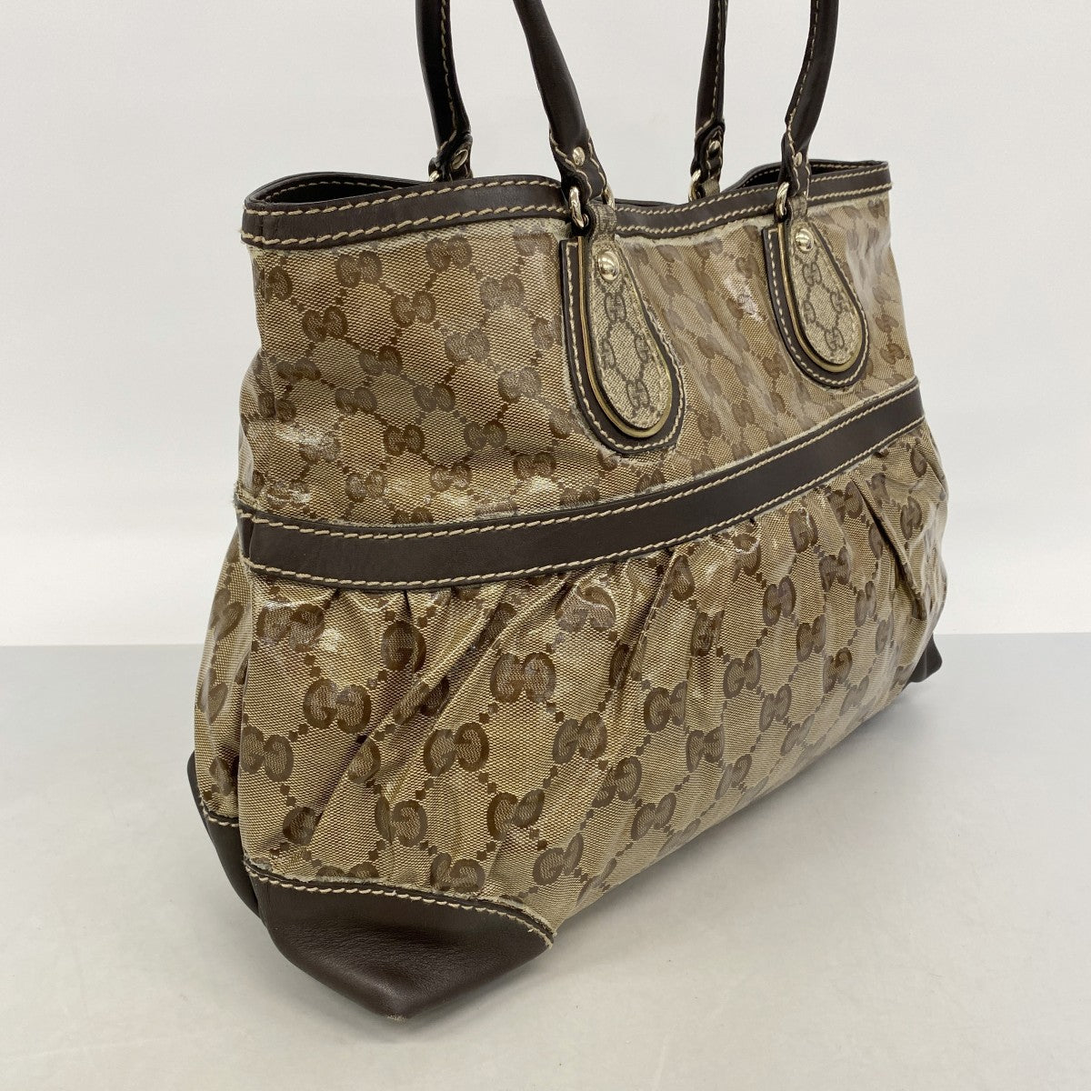【6gd4177】グッチ トートバッグ GGクリスタル 223963 コーティングキャンバス ベージュ ブラウン シャンパンゴールド金具【中古】レディース