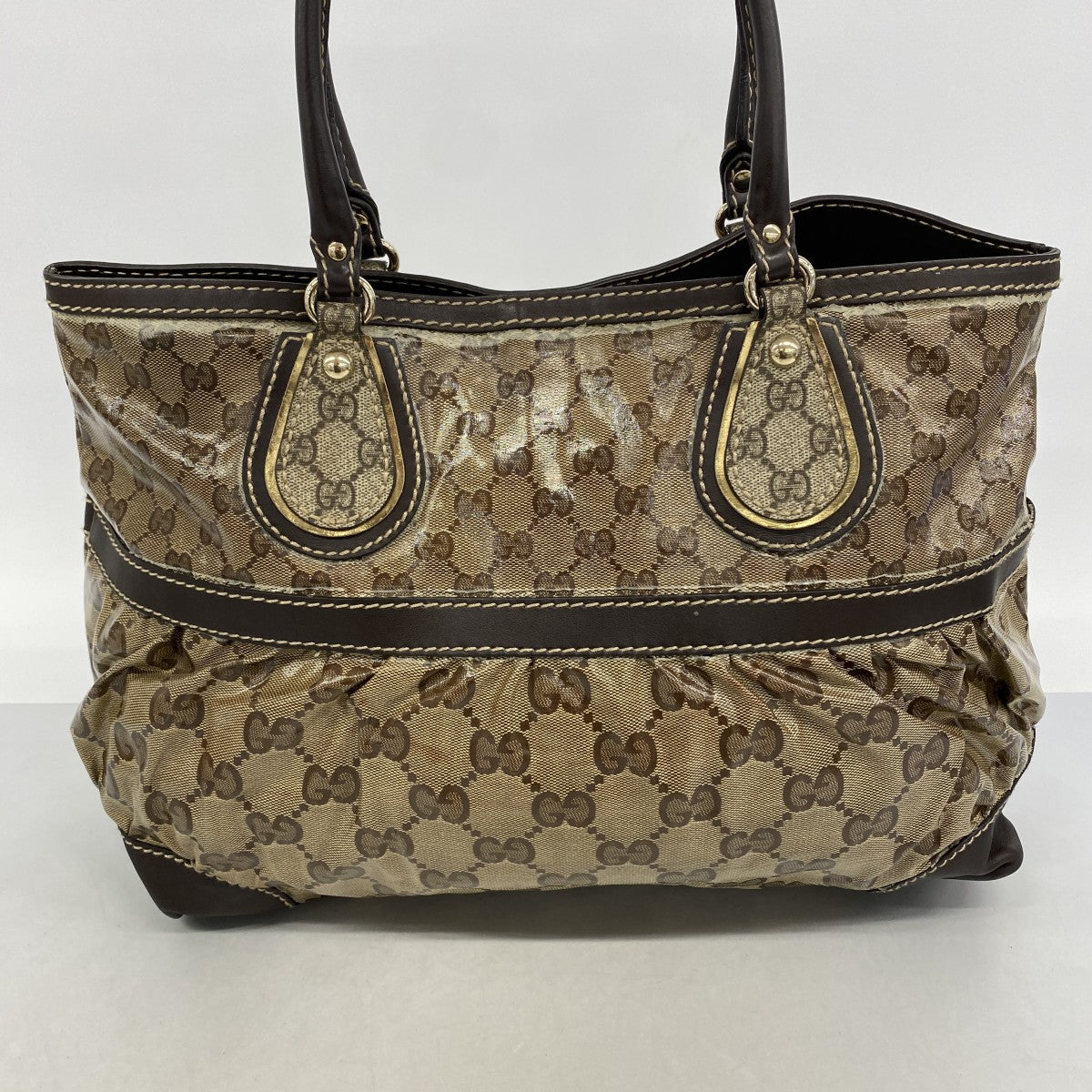 【6gd4177】グッチ トートバッグ GGクリスタル 223963 コーティングキャンバス ベージュ ブラウン シャンパンゴールド金具【中古】レディース