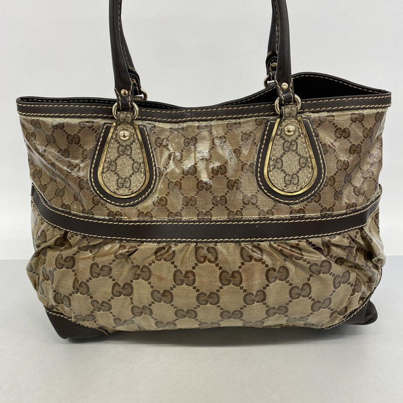 【6gd4177】グッチ トートバッグ GGクリスタル 223963 コーティングキャンバス ベージュ ブラウン シャンパンゴールド金具【中古】レディース