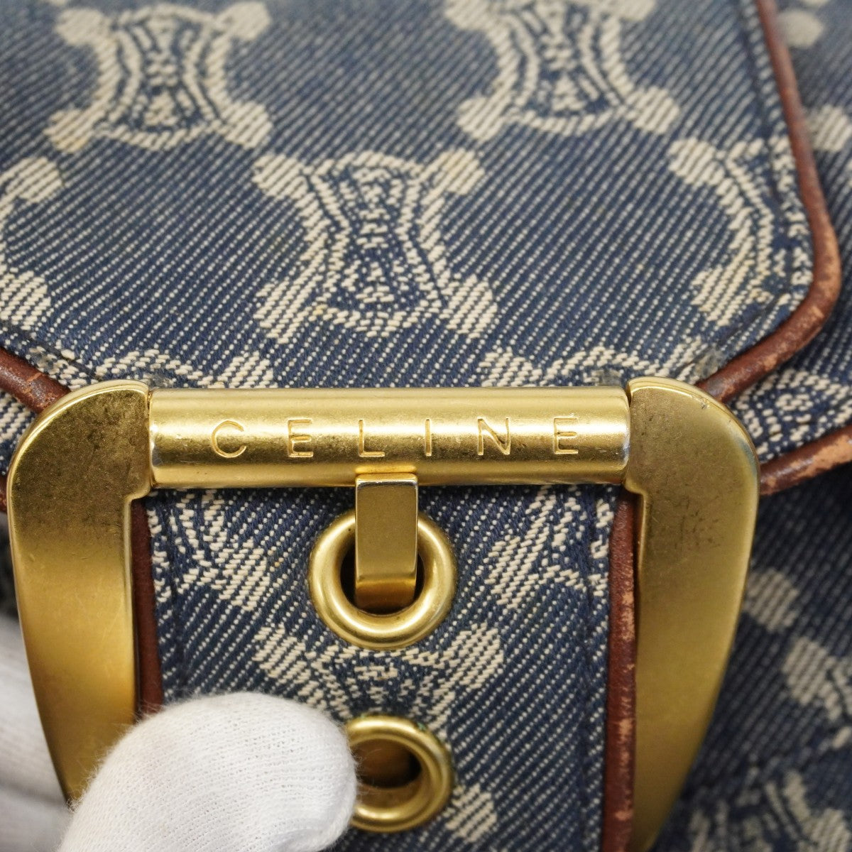 【6gd4282】セリーヌ ハンドバッグ パリマカダム デニム ブルー ゴールド金具【中古】レディース