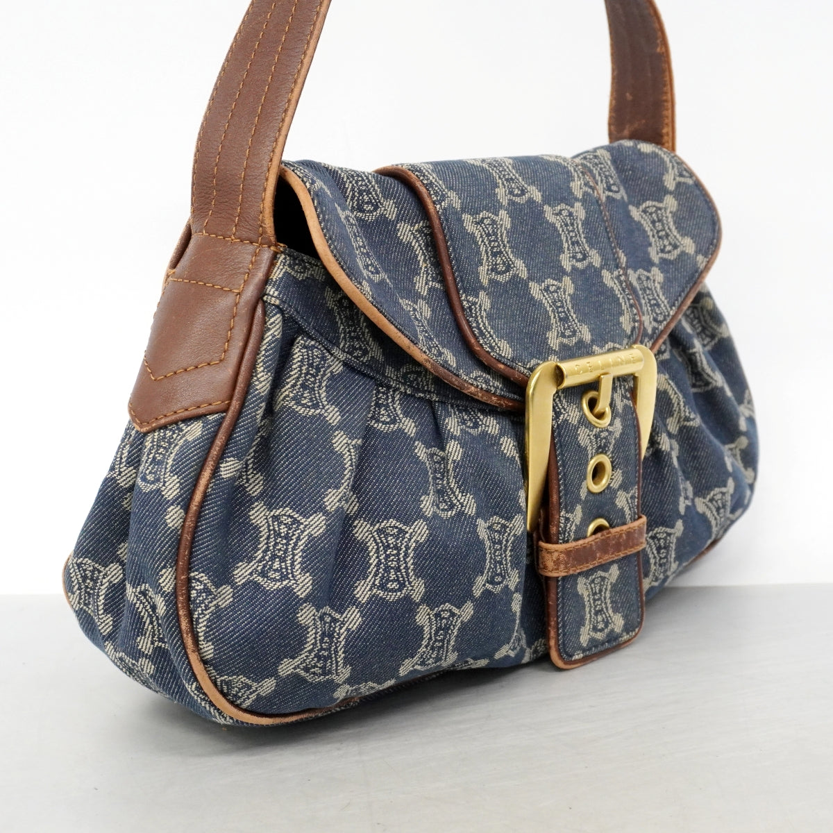 【6gd4282】セリーヌ ハンドバッグ パリマカダム デニム ブルー ゴールド金具【中古】レディース