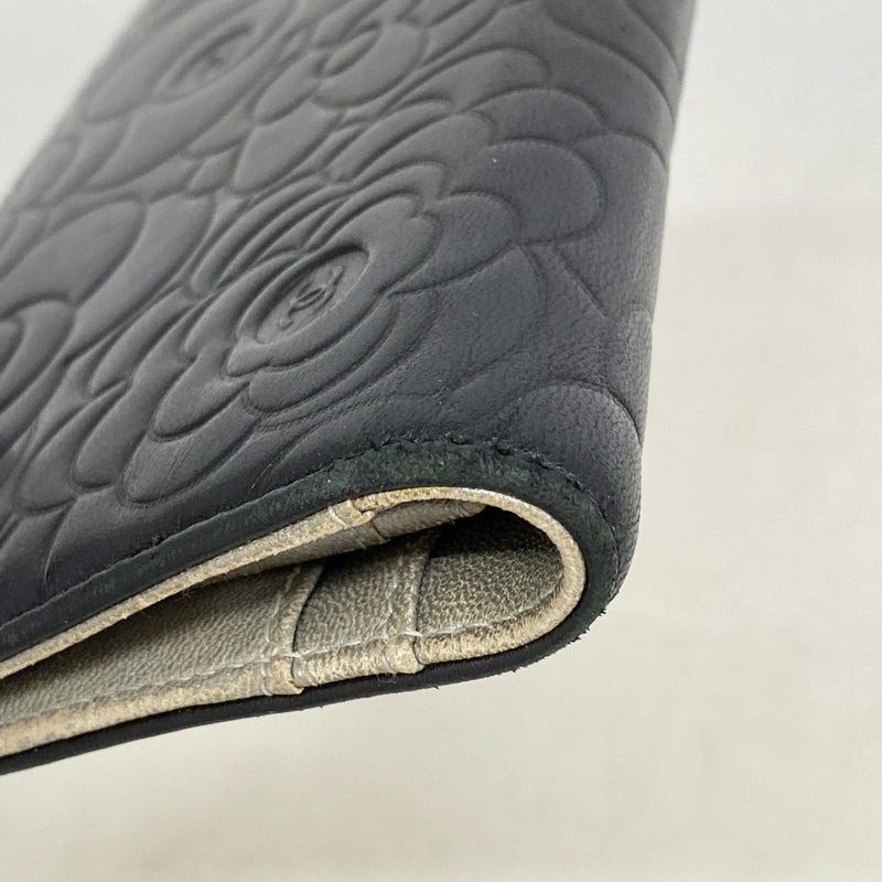 【6gd4319】シャネル 長財布 カメリア ラムスキン ブラック シルバー金具【中古】レディース