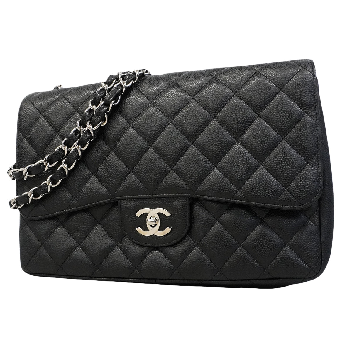 【6gd4342】シャネル ショルダーバッグ デカマトラッセ Wチェーン キャビアスキン ブラック シルバー金具【中古】レディース
