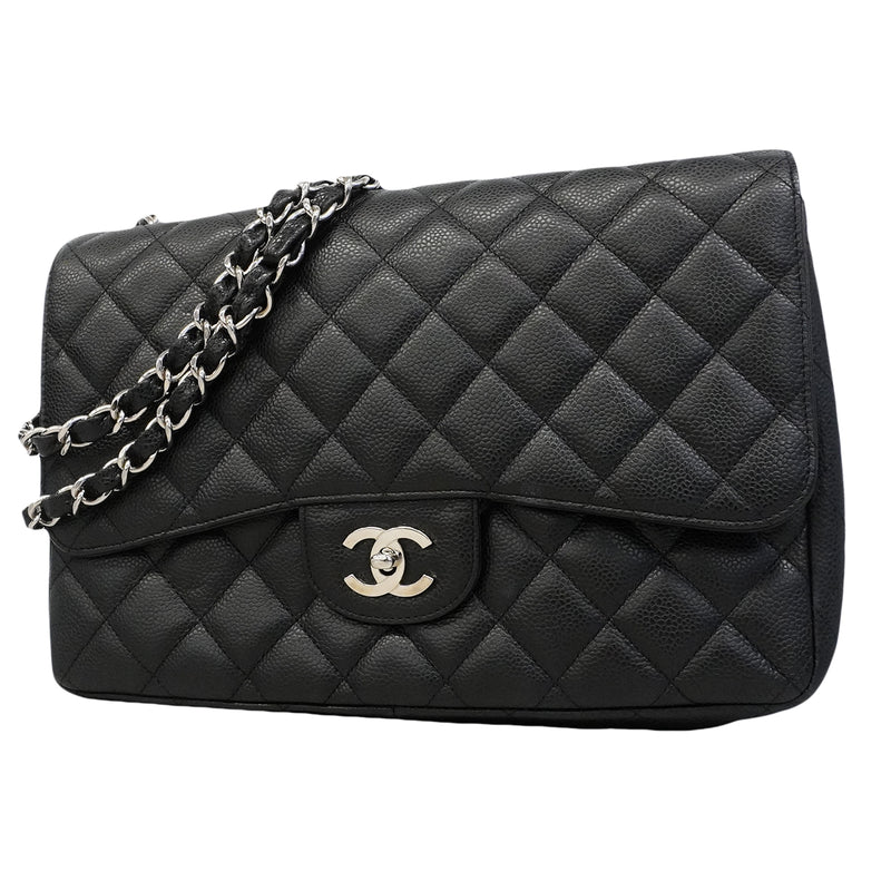 【6gd4342】シャネル ショルダーバッグ デカマトラッセ Wチェーン キャビアスキン ブラック シルバー金具【中古】レディース
