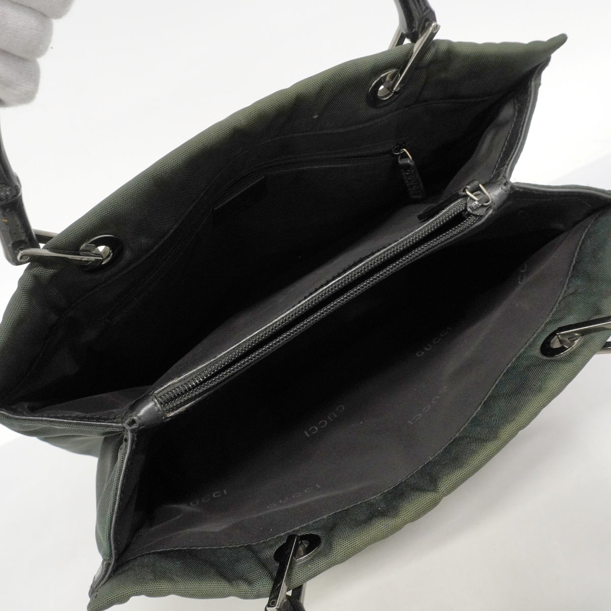【6gd4348-k】グッチ トートバッグ バンブー 002 1010 ナイロン カーキ シルバー金具【中古】レディース